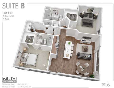 Floor plan for 2 beds, 2 baths, 1090 sqft